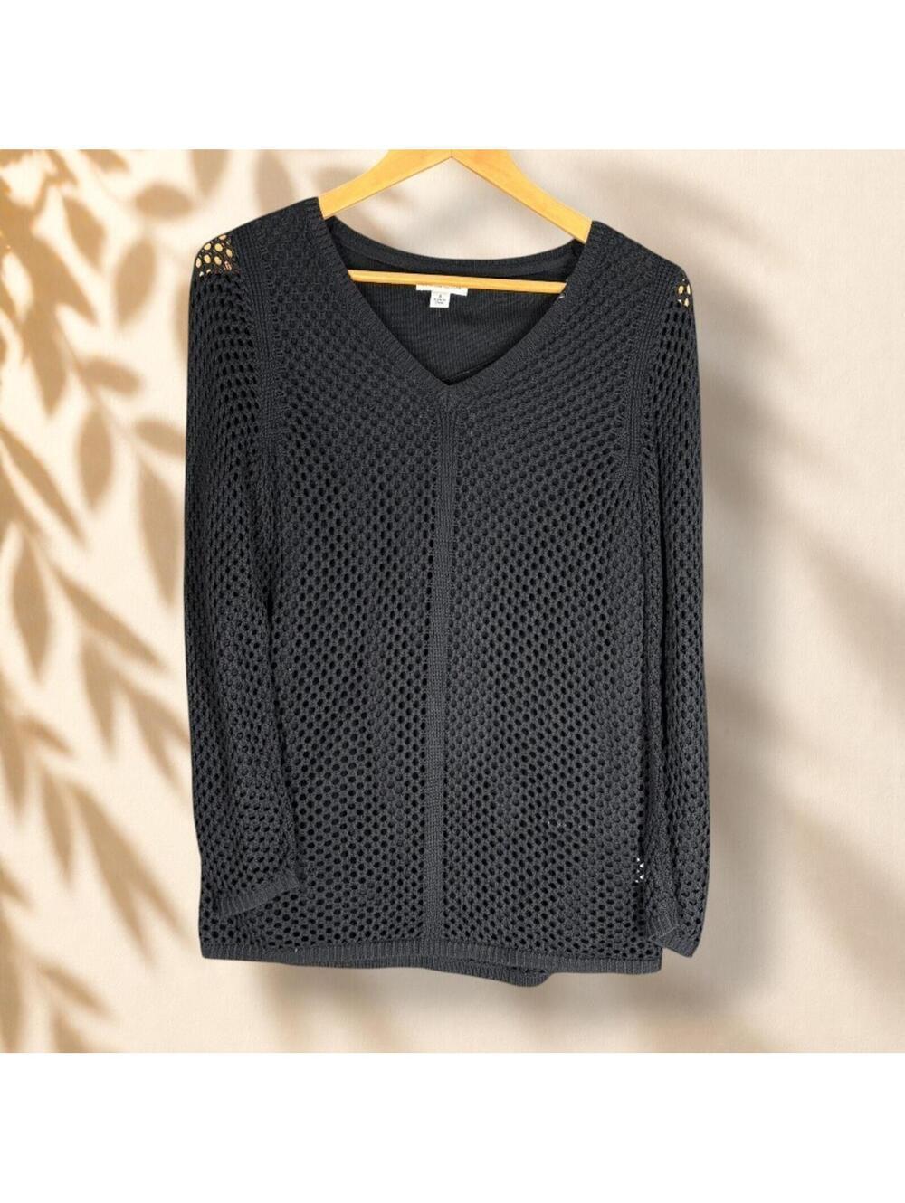 Croft & Barrow Top Women S Small Black Crochet V-Neck Long Sleeve Lined Casual